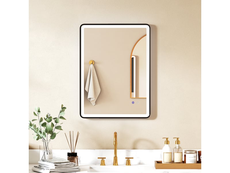  Miroir de salle de bain led, antibuée, miroir de maquillage à intensité variable avec éclairage, 80 x 60 cm, cadre noir  - Conforama C