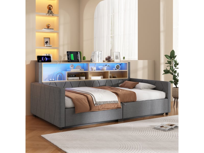 Lit coffre hydraulique 90x200 cm avec led, usb-a et usb-c, tissu lin gris, structure mdf, sans matelas - Conforama W