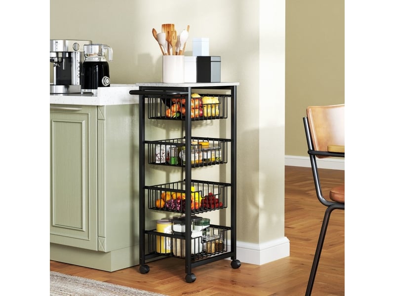  Desserte de cuisine 49,5x31x91 cm sur roulettes 4 paniers coulissants mdf métal gris clair et noir  - Conforama B
