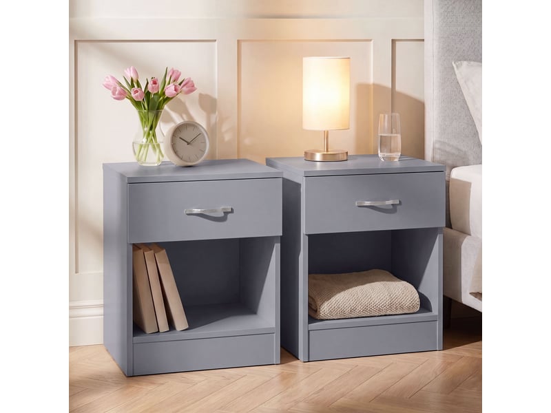  Table de chevet riano, commode de nuit, chambre, 47x40x36cm, set de 2, 1 tiroir, gris 3332393 - Conforama B