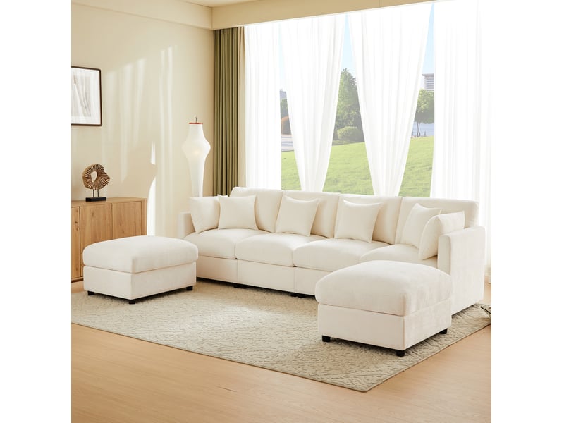  Canapé d'angle modulable 6 places en tissu beige convertible avec 2 poufs et accoudoirs réglables, confort modulable  - Conforama B