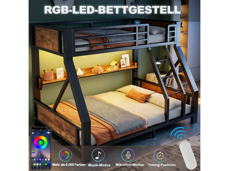 Lit superposé métal 90 x 200 140 x 200 cm, couchage simple et double, rangement et éclairage led, noir evarich - Conforama D