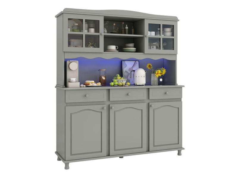  Buffet de cuisine 135 x 40 x 185 cm avec prises intégrées et éclairage led coloré, rangements modulables, gris vert  - Conforama A