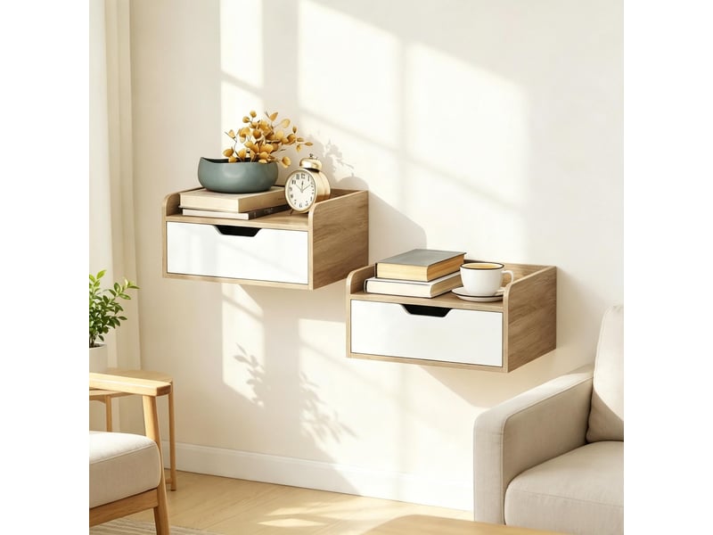  Lot de 2 tables de chevet murales avec tiroir, design moderne et plateau rebordé  - Conforama D