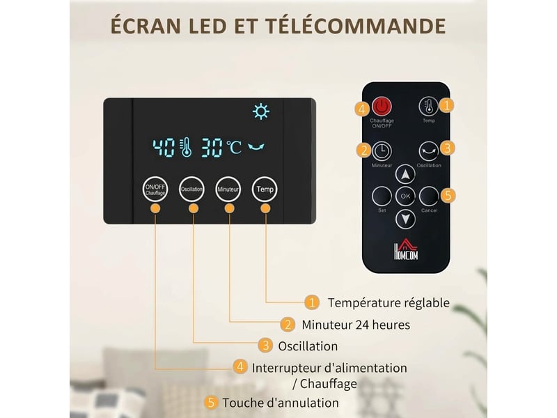 Radiateur électrique mural 1000w 2000w avec télécommande et écran led céramique ptc noir  - Conforama C