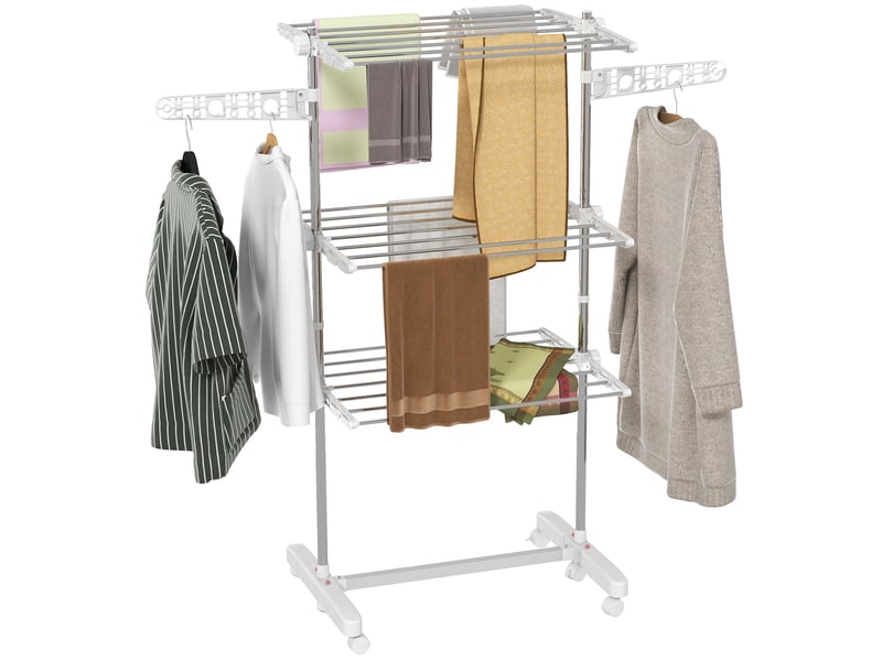 Séchoir à linge vertical pliable en acier et plastique, avec 6 roulettes et 3 étagères réglables, 142 x 55 x 172 cm - Conforama A
