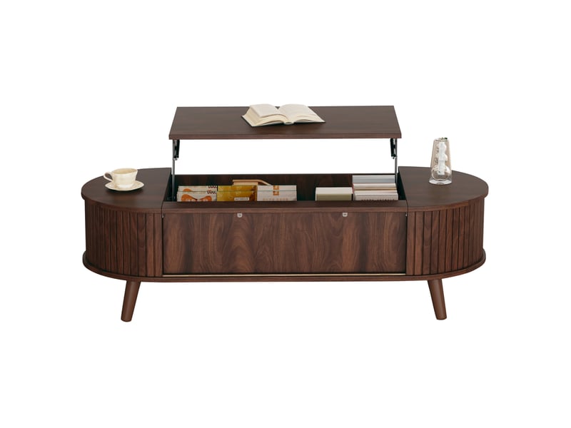 Table basse relevable avec plateau relevable, rangement caché et 4 niches latérales, style noyer, en mdf, noyer - Conforama A