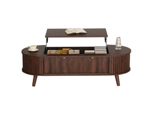 Table basse relevable avec plateau relevable, rangement caché et 4 niches latérales, style noyer, en mdf, noyer