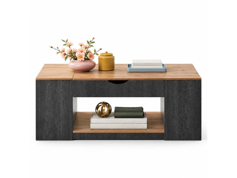 Table basse relevable avec 3 rangements et niche ouverte pour salon en mdf 109,5×59,7×43 cm gris et marron - Conforama A