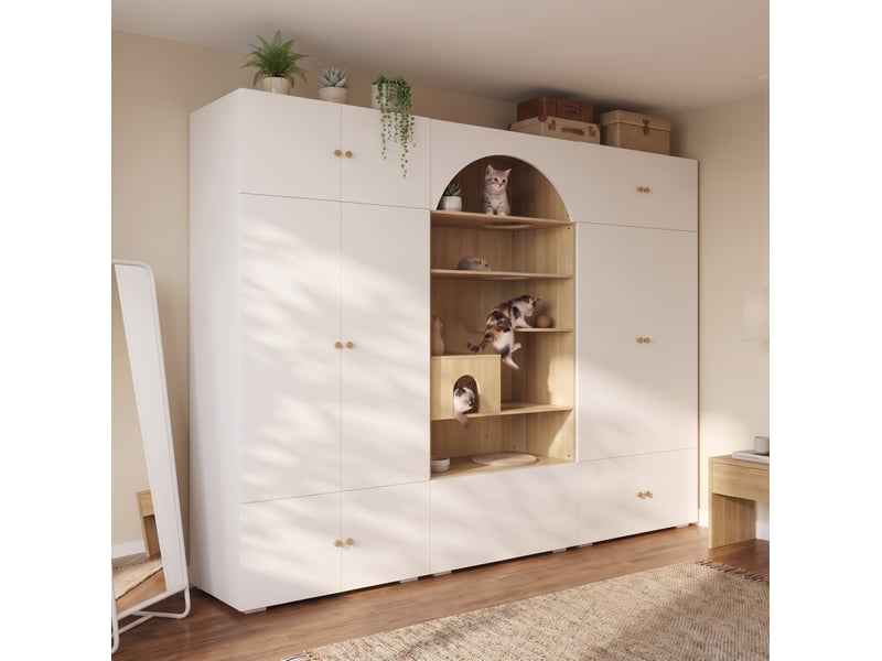  Armoire dressing 3-en-1 270 x 50 x 200 cm avec espace pour félins, blanc et bois  - Conforama B