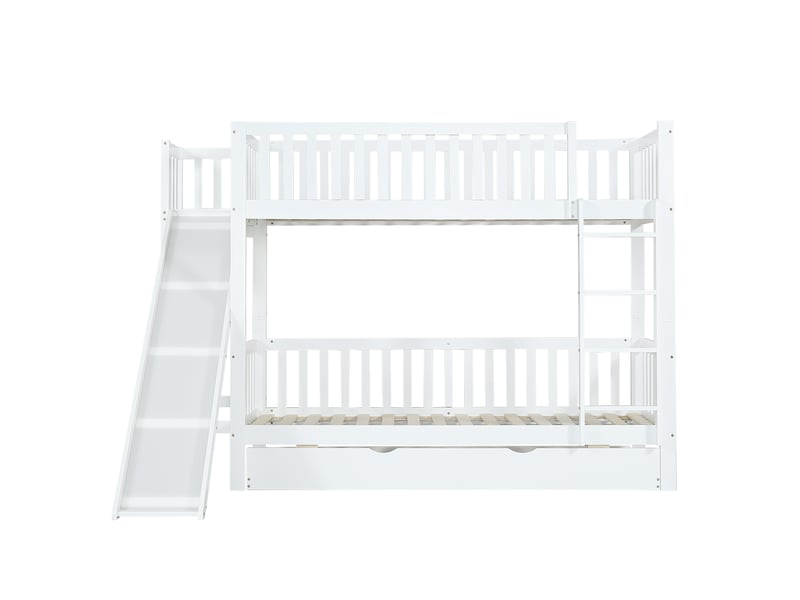 Lit superposé enfant 90x200 cm – blanc – lit gigogne 90x190, toboggan et échelle 4 marches - sans matelas  - Conforama D