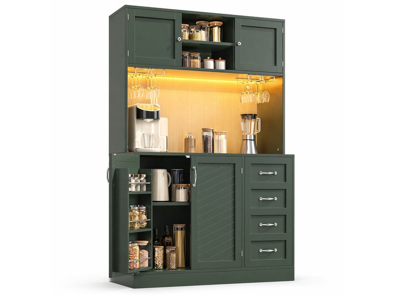 Buffet 120x40x188 cm vert mdf et métal, 4 portes, 2 grands tiroirs, led, rangement pour cuisine et salon  - Conforama A