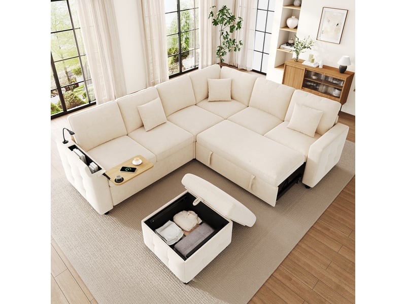  Canapé d’angle convertible réversible 6 places 261x203 cm, pouf coffre, accoudoir coffre, table rabattable, lampe led, usb et usb-c, chenille beige Radiant Stride - Conforama B