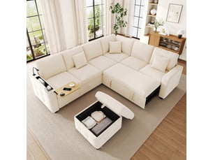 Canapé d'angle réversible convertible <strong></strong> <strong>Radiant Stride</strong> 6 places Tissu beige avec coffre de rangement