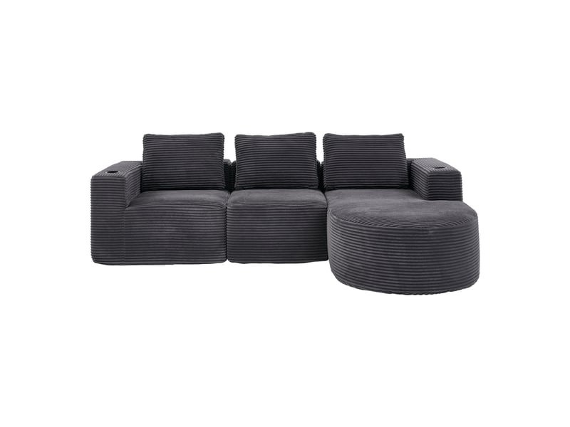  Canapé 2 places velours côtelé gris foncé 265 cm - compact avec 3 coussins et porte-gobelets  - Conforama A