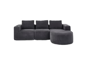 Canapé 2 places velours côtelé gris foncé 265 cm - compact avec 3 coussins et porte-gobelets