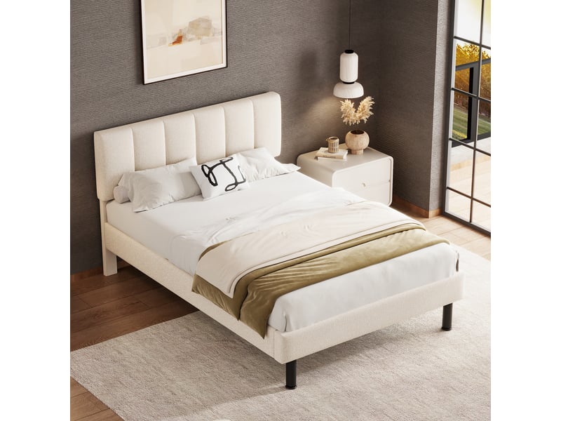  Lit double 140x190 en tissu sherpa beige avec sommier à lattes et pieds en métal robustes  - Conforama R
