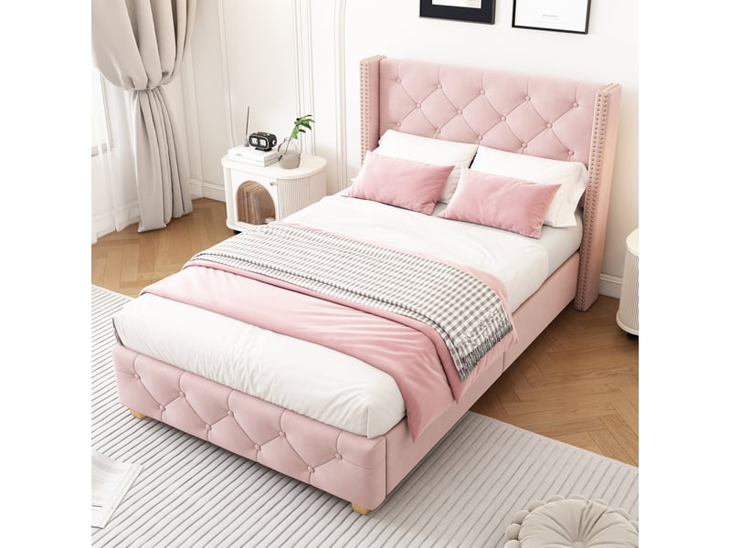  Modenvie lit 1 place capitonné 90x200 cm - velours et tête de lit capitonnée, sommier à lattes inclus - rose  - Conforama E