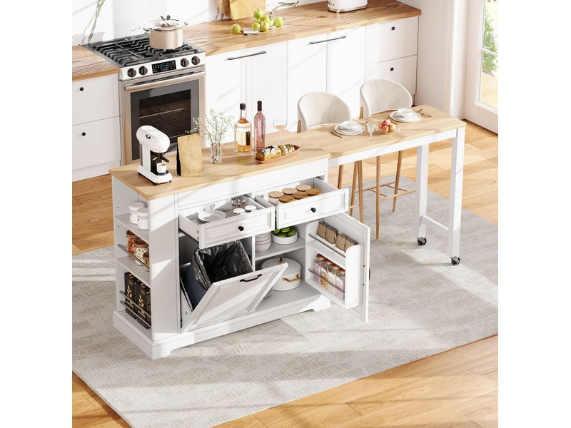  Desserte de cuisine mobile avec plan coulissant latéral, 2 tiroirs et rangement à déchets, blanche et naturelle  - Conforama D