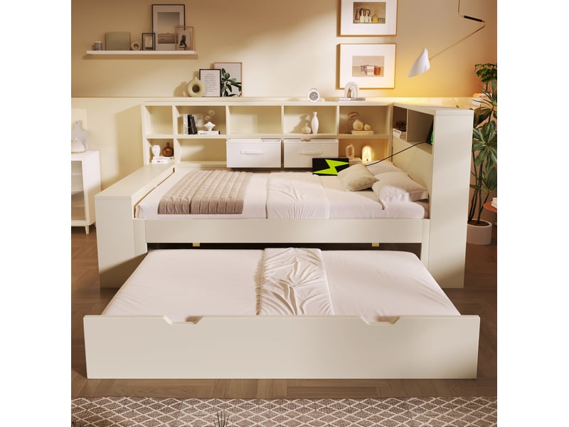 Lit simple 90x200 avec lit gigogne, rangements latéraux et ports usb et usb-c pour chambre en bois blanc - Conforama D