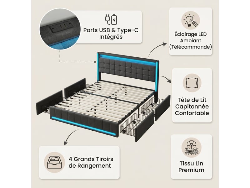  Lit adulte 140x200 avec 4 tiroirs de rangement et led rgb - tête de lit connectée usb &amp; usb-c - tissu gris foncé moderne  - Conforama C