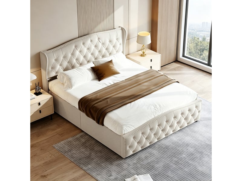  Yyxldynb lit coffre 160x200 cm avec rangememt, lit double rembourré avec sommier à lattes, cadre de lit 2 places avec tête de lit capitonnée, lit adulte, velours beige  - Conforama W