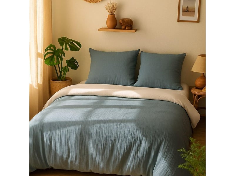  Parure housse de couette 260x240cm + 2 taies 100% gaze de microfibre uni bleu pétrole et blanc - nathea NATHEA - Conforama A