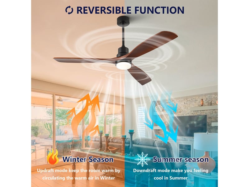  Ventilateur de plafond 150 cm éclairage led 3 pales bois massif noyer et noir réversible 6 vitesses télécommande silencieux  - Conforama B