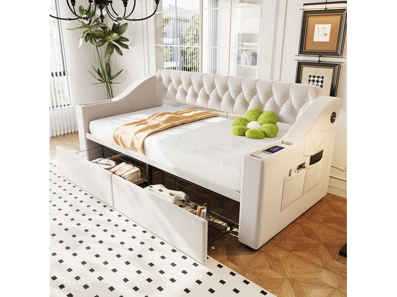  Lit enfant 90x190 cm tiroirs accoudoirs larges poches latérales ports usb revêtement velours beige sans matelas  - Conforama W