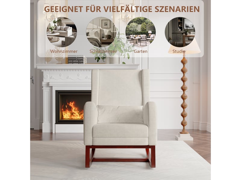  Chaise à bascule rembourrée avec repose-pieds réglable – fauteuil relax ergonomique en tissu lin beige, coussin lombaire inclus  - Conforama E