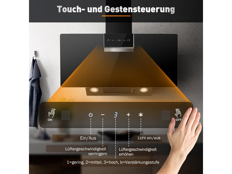  Hotte aspirante 90 cm noire en verre trempé, débit d’air 800 m³h, commande tactile et gestuelle, 3 vitesses avec booster  - Conforama D