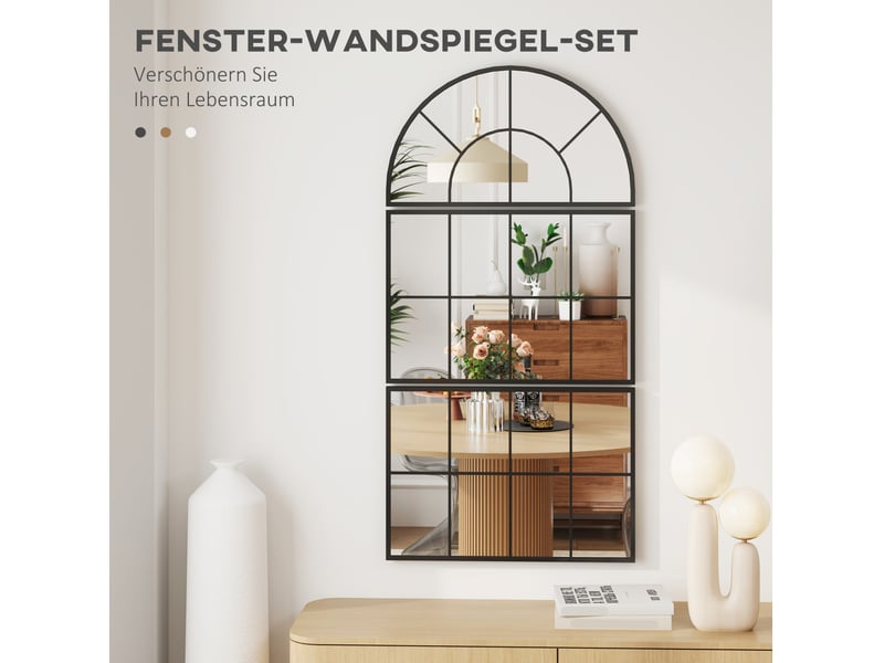 Miroir mural triptyque noir en verre 4 mm avec cadre métal, style fenêtre décoratif pour salle de bains et salon - Conforama D