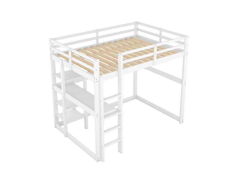  Lit mezzanine enfant blanc 140 × 200 cm en pin, bureau intégré et 4 compartiments de rangement  - Conforama D