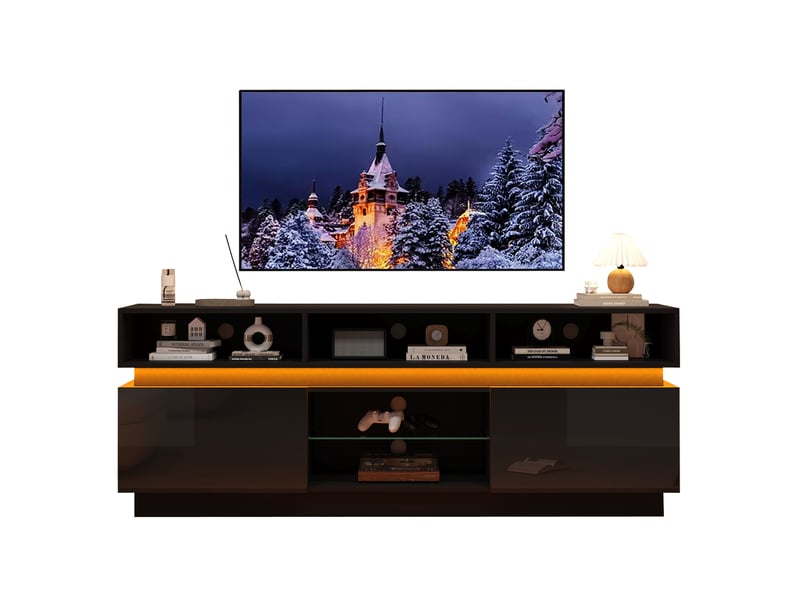 Meuble tv avec led, 2 portes et 10 niches, plateau en verre trempé, pour salon en mdf noir 160 × 35 × 60 cm - Conforama A