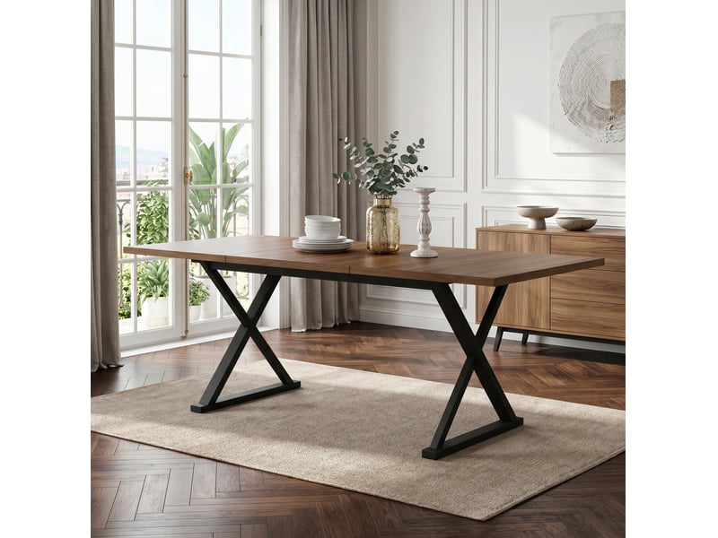  Table à manger 180x90x75 cm en mdf coloris noyer avec pieds métal noirs  - Conforama E