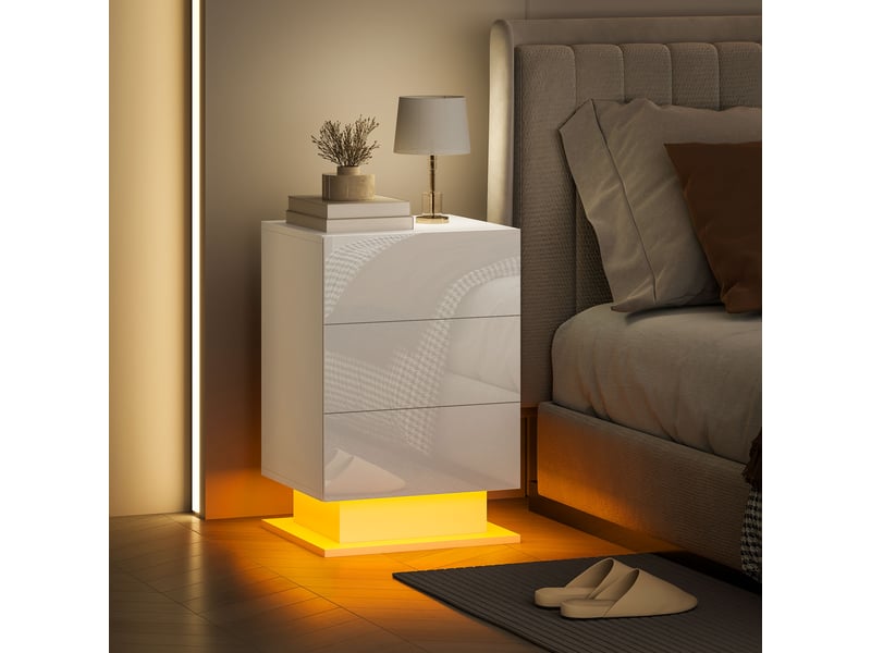  Table de chevet moderne avec éclairage led réglable et télécommande, 3 tiroirs, 40 x 35 x 60 cm, blanc brillant  - Conforama D