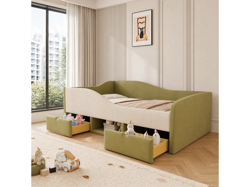  Lit enfant avec rangements 90 x 190 cm, vert foncé et blanc ivoire, avec 2 tiroirs, sans matelas  - Conforama B