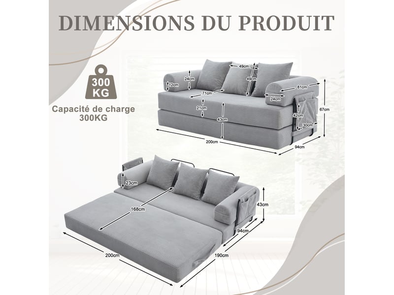  Canapé modulaire avec poches latérales et 3 coussins, structure en métal, en velours côtelé gris clair  - Conforama D