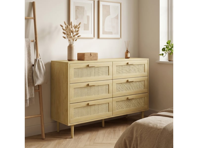  Commode 6 tiroirs en bois et rotin, style bohème, pour salon et chambre, 110 x 40 x 75 cm  - Conforama C