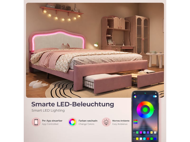  Lit rembourré 140 × 200 cm 2 places avec 2 tiroirs, led réglable par application, sans matelas, velours rose  - Conforama C