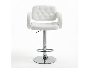 Tabouret de bar réglable avec accoudoirs, dossier et repose-pieds en métal et revêtement synthétique blanc