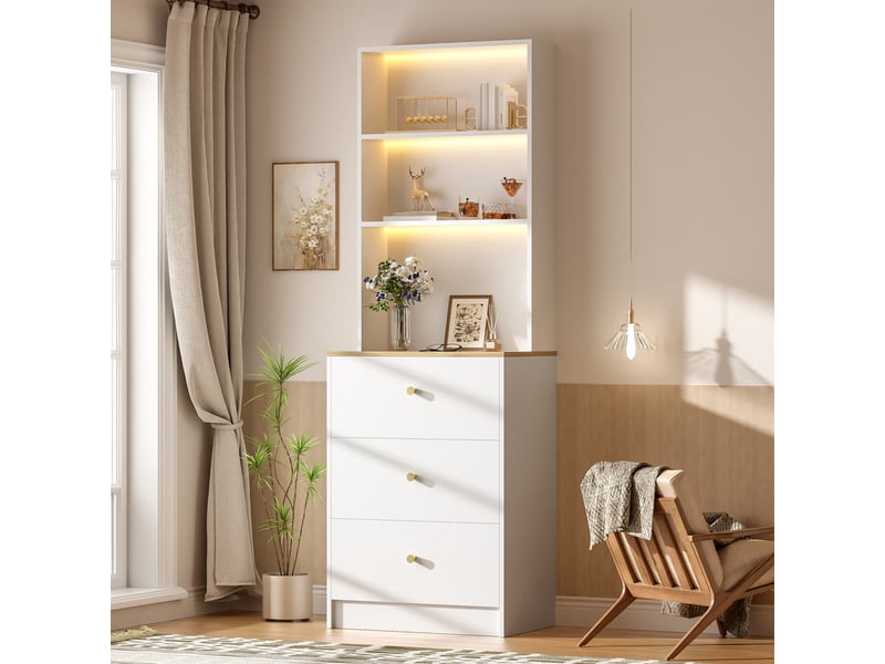  Commode 3 tiroirs, armoire haute avec éclairage rgb, meuble polyvalent en vitrine ou rangement, 60 x 40 x 180 cm, coloris naturel et blanc  - Conforama D