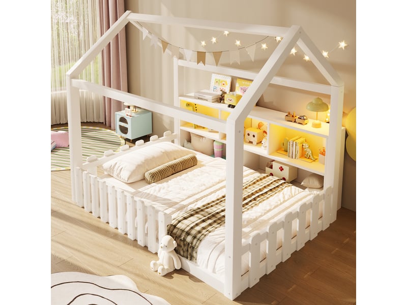  Lit cabane en bois blanc 90x190 cm avec led et étagères de rangement, lit enfant avec sommier à lattes, bois de pin naturel  - Conforama D
