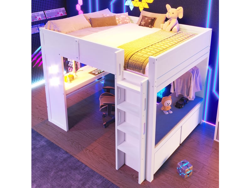  Lit en hauteur, 140x200 cm, lit en hauteur, avec bureau, led, usb et type c, matelas non inclus, bois, coloris blanc  - Conforama E
