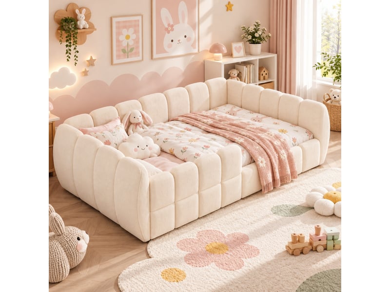 Lit enfant au sol 90x200 cm beige en velours, design fermé avec angles arrondis, sans matelas  - Conforama D