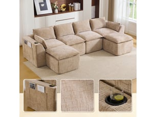Canapé modulable 4 places avec 2 poufs, coussins, porte-gobelet et poches latérales, à assembler librement – kaki