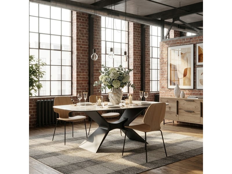  Table de salle à manger fixe en céramique sur verre 200x100 halo - blanc - marbre calacatta  - Conforama B
