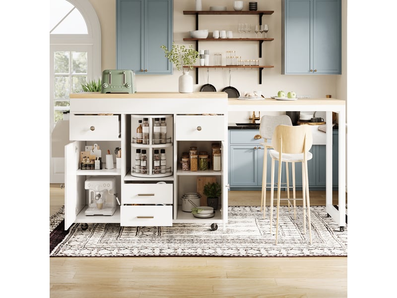 Table de bar extensible en mdf blanc, chariot de cuisine à roulettes avec plateau réglable 110-180 cm et rangements, pour salle à manger - Conforama E