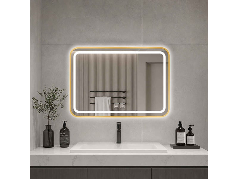  Miroir de salle de bain led 60x40 cm doré en verre sécurisé tactile antibuée trois couleurs intensité réglable cri supérieur à 90 angles arrondis  - Conforama D