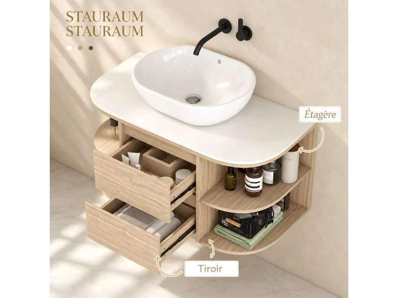  Meuble vasque suspendu 90 cm en mdf marron et blanc, 2 tiroirs  - Conforama E